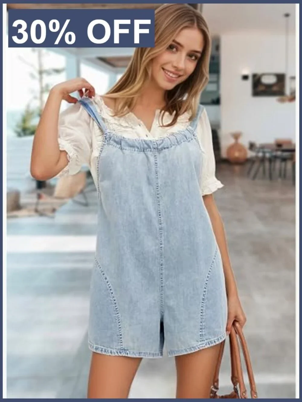 Women's Denim Overalls Shorts Romper Loose Fit Tie Back Summer Jumpsuit